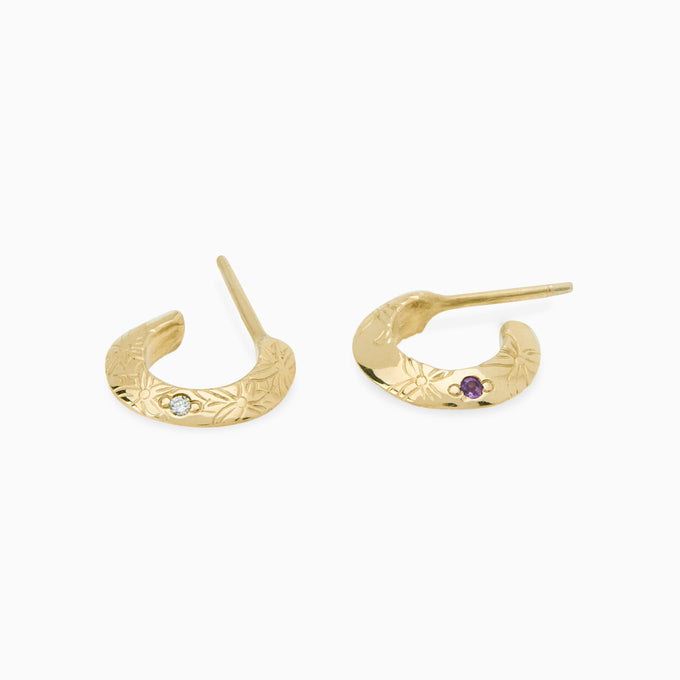 Birthflower Stone Huggies | Solid Yellow Gold